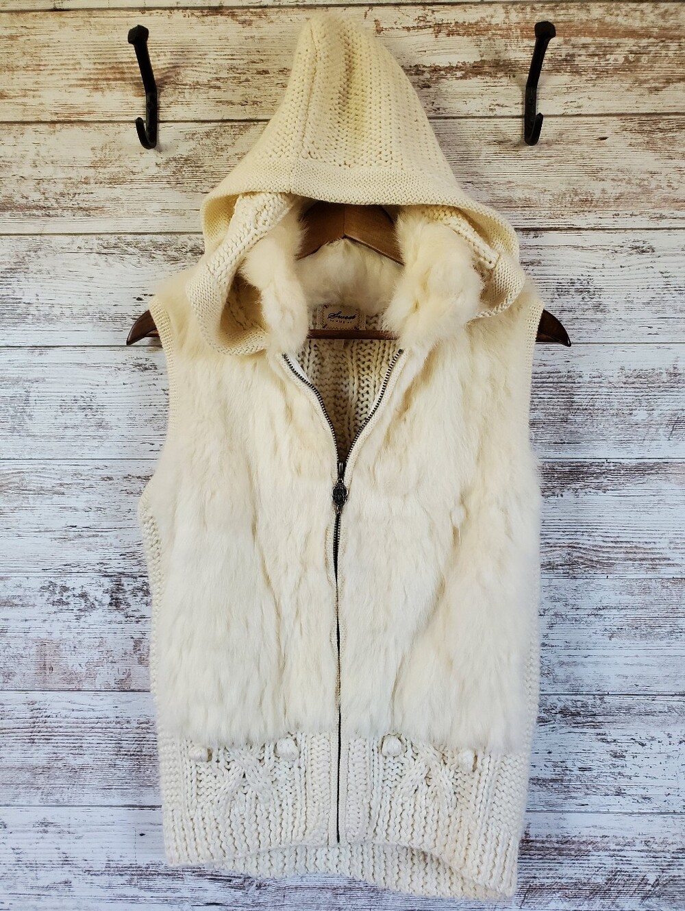 Sweet by Miss Me Angora Fur Cable Knit Hooded Sweater Vest Ivory Like New - Picture 1 of 16